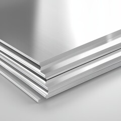 A detailed close-up view of a neatly arranged stack of metal sheets resting on a clean white surface, showcasing their texture and sheen.