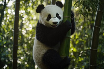 Panda Climbing Bamboo in Lush Forest Setting for Wildlife Conservation Awareness