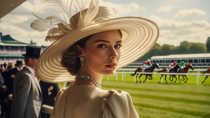 Elegant woman in a large hat looking back at the racetrack during a lively horse race event in a beautiful spring afternoon, surrounded by fashionable spectators and vibrant activities