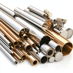 Naklejka premium A close-up view showcasing various types of pipes, highlighting their distinct shapes, materials, and textures for industrial or construction applications.