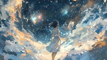 Naklejka premium Girl Walks Towards a Celestial Nebula and Stars