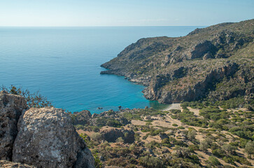 Fototapeta premium Lissos Bay and ruins of the abandoned village Panagia from above Crete, Greece