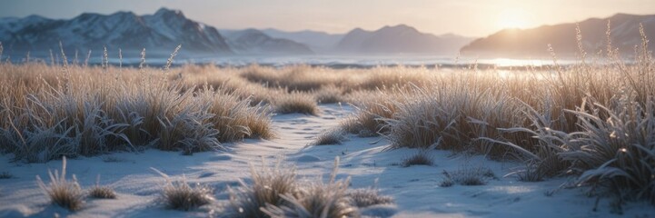 Abstract ocean on a frosty winter day with hoarfrost covered grass , winter, blue