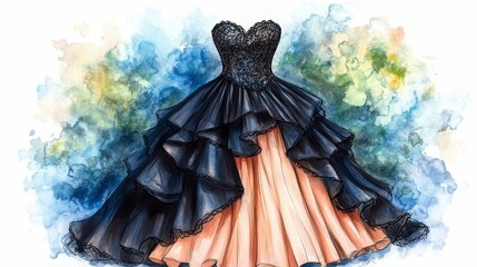 Fototapeta premium A fashion sketch of a couture ball gown with layers of tulle, lace detailing, and a sweetheart neckline, illustrating the grandeur and intricate design of high fashion.