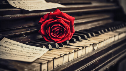 A red rose resting gracefully on an old piano keyboard with sheet music in soft focus, creating a romantic and artistic atmosphere in a cozy space