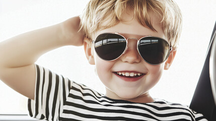 Naklejka premium excited child adjusting aviator sunglasses in backseat, ready for summer vacations