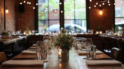 A clean wedding rehearsal dinner with simple decor, fairy lights, and good food