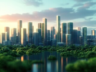Fototapeta premium Urban skyline sunset reflection modern city digital art serene nature wide angle futuristic concept