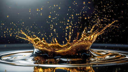 Captivating moment captured as golden liquid splashes in a dark setting, creating a stunning visual display of movement and texture