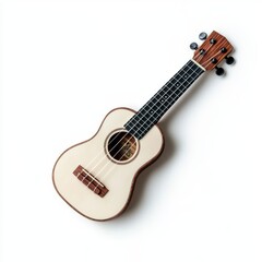 Fototapeta premium A close-up view of a ukulele resting on a clean white surface, showcasing its intricate details against a simple white background.