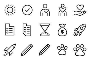 Minimalistic Black Line Vector Icon Set - Productivity, Love, Finance, and Creativity