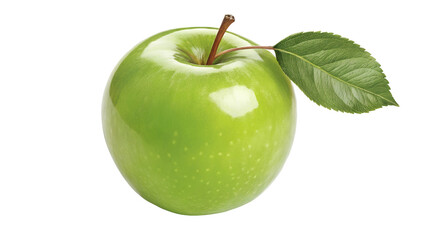 Green apple with leaf, isolated on white transparent background, organic fruit cut out PNG for healthy eating poster, 2025 social media ad, vector illustration, natural diet photo download