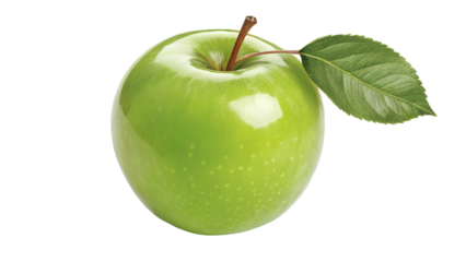 Green apple with leaf, isolated on white transparent background, organic fruit cut out PNG for healthy eating poster, 2025 social media ad, vector illustration, natural diet photo download