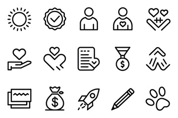 Minimalistic Black Line Vector Icon Set - Productivity, Love, Finance, and Creativity