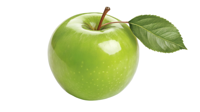 Green apple with leaf, isolated on white transparent background, organic fruit cut out PNG for healthy eating poster, 2025 social media ad, vector illustration, natural diet photo download