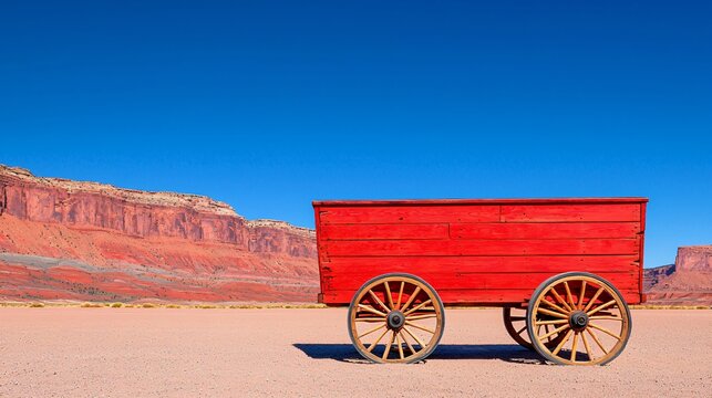 Red wooden wagon in desert landscape against red rock cliffs under a clear blue sky.