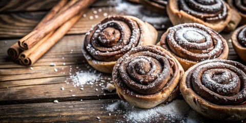Fototapeta premium Sweet Cinnamon Rolls with Powdered Sugar and Cinnamon Sticks on a Wooden Table