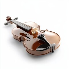 Naklejka premium A violin rests gracefully on a clean white surface, showcasing its elegant curves and rich wood finish, inviting appreciation of its craftsmanship.