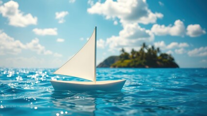 Fototapeta premium Serene summer sailboat floats on tranquil ocean waves near a lush tropical island under a vibrant sunny sky