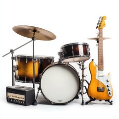 Fototapeta premium A detailed close-up of a guitar, bass, and amplifier showcasing their textures and features in a harmonious arrangement.