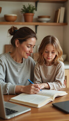 Mother helping daughter with homework at home