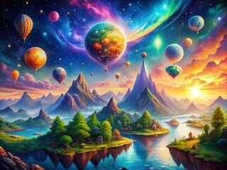 Drone View: Abstract Sunrise Over Fantastical Landscape with Stars and Planets