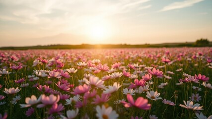 Obraz premium Serene sunset over a vast field of delicate pink and white wildflowers bathed in golden hour light