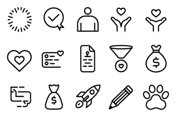 Minimalistic Black Line Vector Icon Set - Productivity, Love, Finance, and Creativity