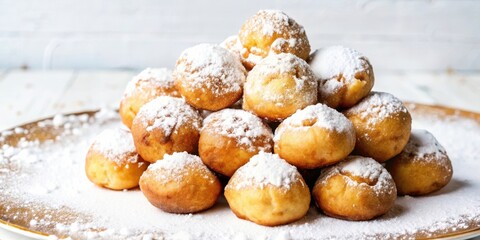 A stack of golden-brown, sweet, and fluffy pastries covered with powdered sugar on a golden plate