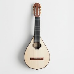 A detailed close-up of a guitar showcasing its design and texture against a clean white surface and background, emphasizing its craftsmanship.