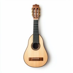 Obraz premium A detailed close-up of a guitar resting on a white surface, showcasing its design against a clean, minimalist white background.