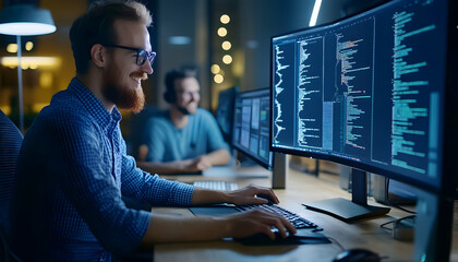 Content software developer coding on a computer and collaborating with a team. Diverse tech professionals working on innovative projects and celebrating success with smiles