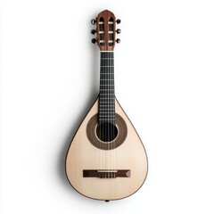 Obraz premium A detailed close-up view of a guitar resting on a white surface, highlighting its features against a clean white background.