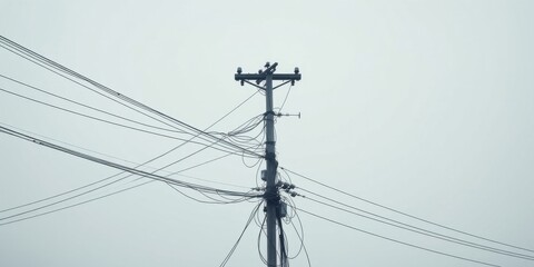 A tangled mess of utility wires on a weathered utility pole against a pale sky