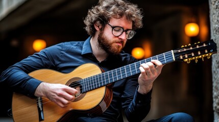 Obraz premium Musician plays classical guitar, urban night