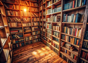 Obraz premium Drone View: Cozy Wooden Bookshelf Filled with Books in Warm Tones, Perfect for Study or Living Room