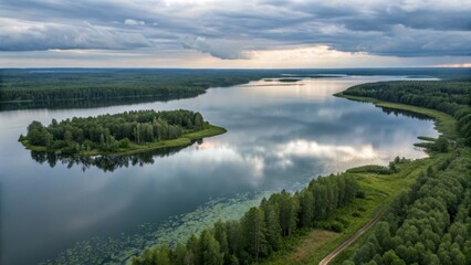 Aerial View of Serene Lake and Forest Under Cloudy Sky, Landscape Photography, Nature, Drone Shot Lake, Forest