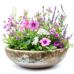 A vibrant bowl filled with assorted flowers is elegantly placed on a wooden table, showcasing a blend of colors and nature's beauty.