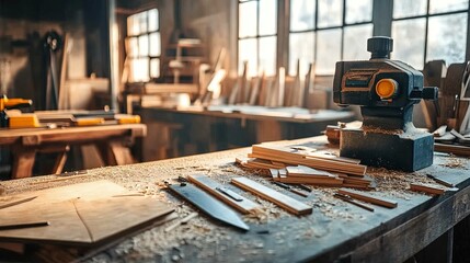 A clean woodworking station with templates, clamps, and freshly cut wood