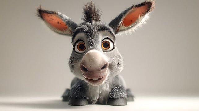 An animated donkey with large ears and expressive eyes, sitting on a gray surface with a friendly, smiling expression. - Powered by Adobe