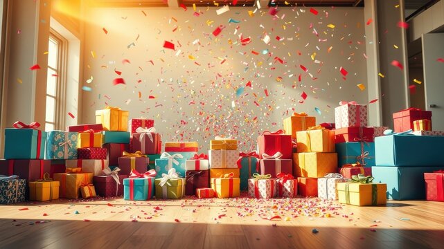 A festive pile of wrapped gifts amidst a shower of colorful confetti, celebrating a joyous occasion
