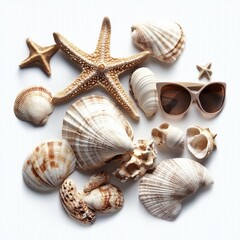 Obraz premium A collection of various shells and starfish arranged beautifully on a smooth white surface, showcasing their intricate details and natural beauty.