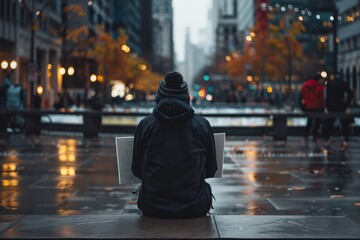 Fototapeta premium Silent protest: person kneeling in urban autumn scene