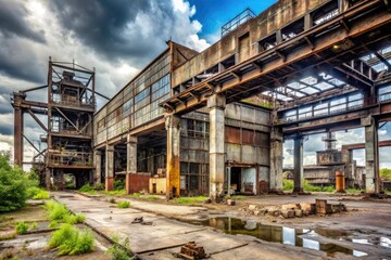Fototapeta premium Abandoned industrial site with rusty machinery and crumbling concrete, decay, concrete, wires, industrial, faded