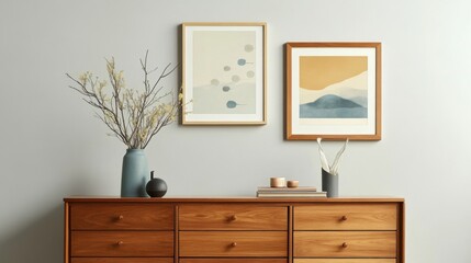 a dresser with a vase and a vase on top of it