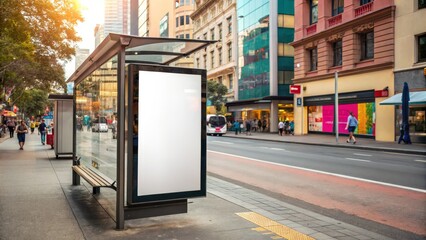 Blank Billboard Mockup at City Bus Stop, Urban Advertising, Public Transportation, Street Scene Outdoor Advertising, Bus Shelter