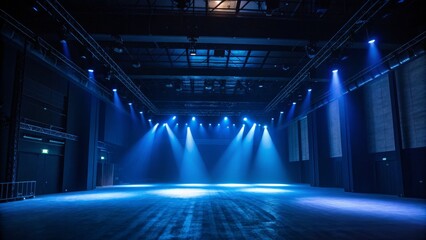 Blue Stage Lighting Empty Venue, Dark Interior, Concert Setup, Spotlights, Event Space. stage lighting, concert venue