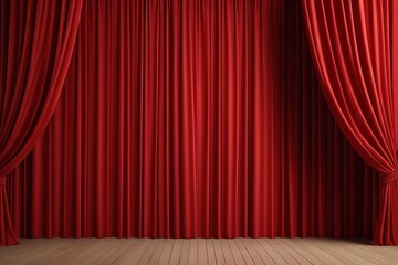 a close up of a red curtain with a wooden floor