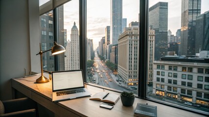 Cityscape Desk Composition Laptop, Notebook, Lamp, Minimalist Office View, Urban Lifestyle, Workspace. Keywords Desk setup, City view