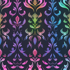 Damask seamless pattern motifs Colorful floral patterns on a dark background create a vibrant and artistic design.